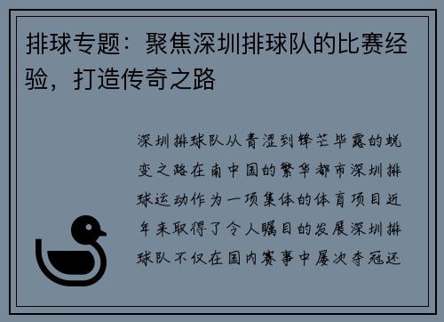 排球专题：聚焦深圳排球队的比赛经验，打造传奇之路