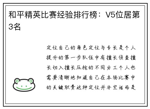 和平精英比赛经验排行榜：V5位居第3名